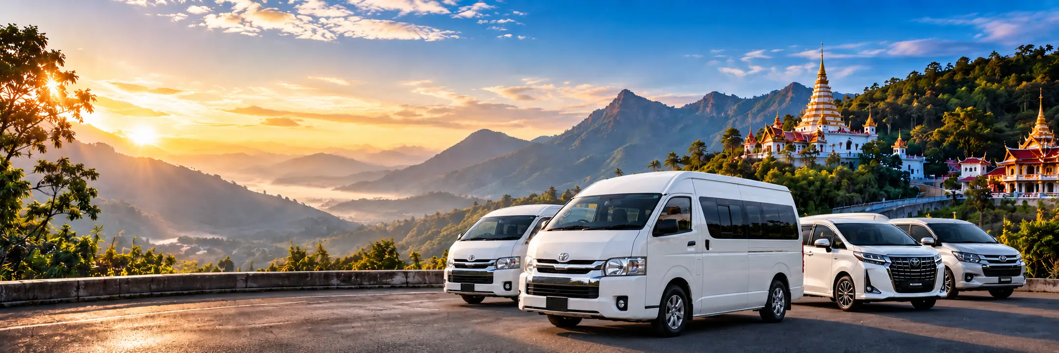 รถตู้และรถ SUV ของ Tamnamvan จอดชมวิวภูเขายามเย็น